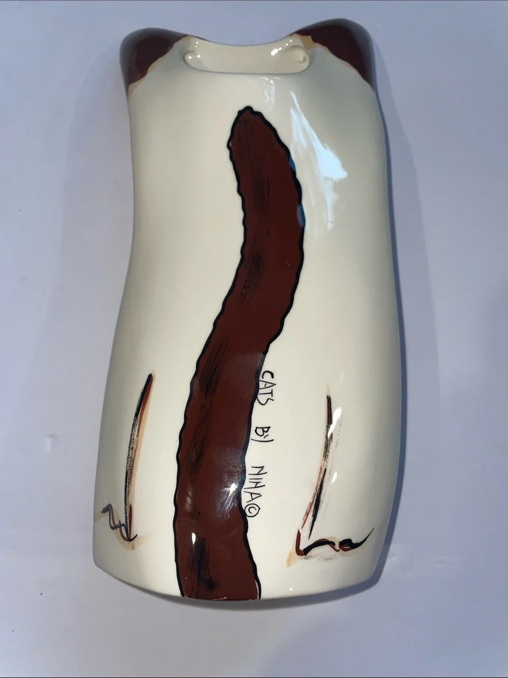 2001 Nina Lyman 8” Cream & Brown Cat Vase with Blue Eyes